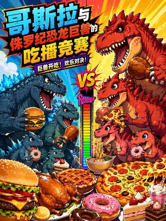 哥斯拉与侏罗纪恐龙巨兽的吃播竞赛